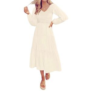 Long Sleeve V Neck High Waist Tiered Midi Dress Beige, Medium (8-10); rodeo chic
